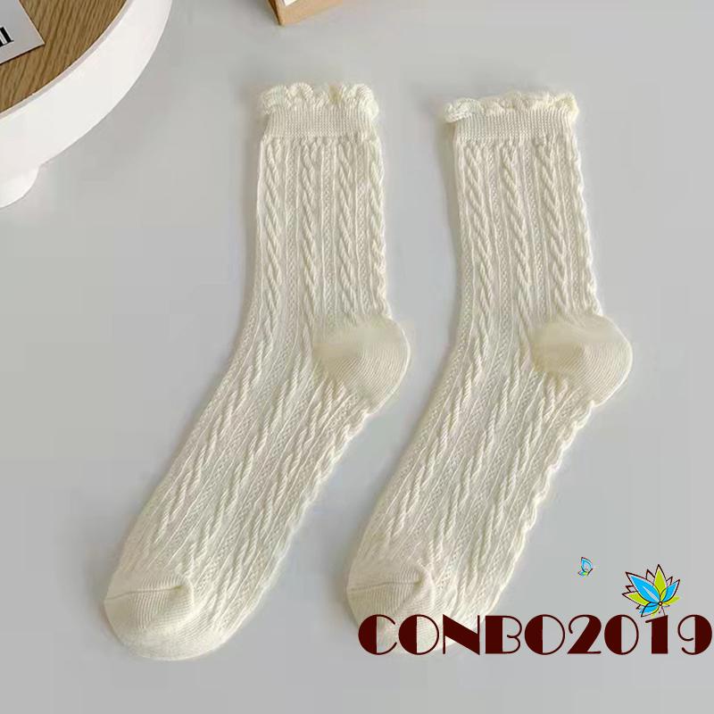 Đôi vớ cotton phối ren nhiều màu sắc trơn tùy chọn thời trang thu đông dành cho nữ