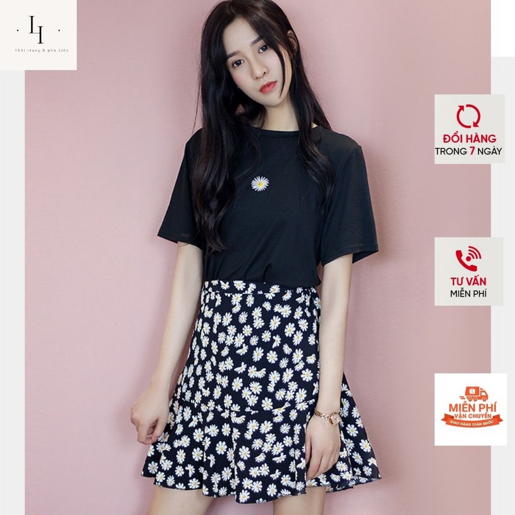 Set váy áo hoa nhí babydoll gồm chân váy chữ A 2 lớp và áo thun nữ hoa cúc Liao shop