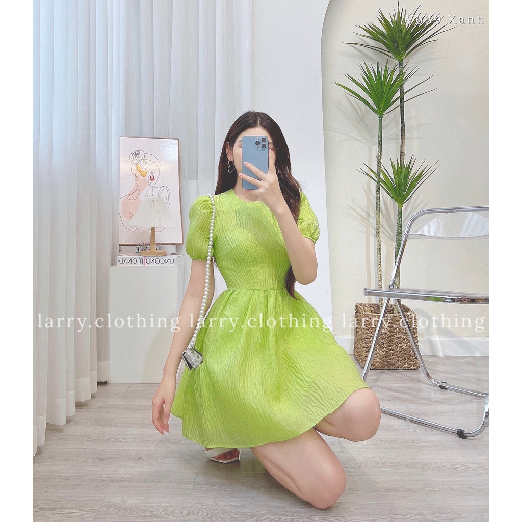 Đầm thiết kế nữ váy Tapta dáng babydoll vải nhăn cổ tròn 2 lớp chiết eo bồng thời trang thiết kế Larry Clothing V639