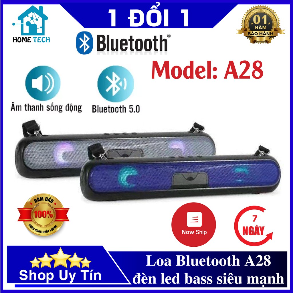 Loa Bluetooth A28 dáng dài đèn LED siêu đẹp, Soundbar vỏ nhôm bền bỉ, tiện dụng, quai đeo dễ dàng mang đi du lịch