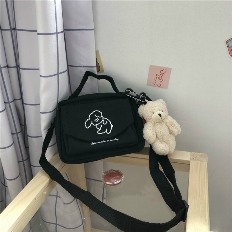 Túi canvas đeo chéo thêu hình cún phong cách Harajuku Nhật Bản đáng yêu cho nữ