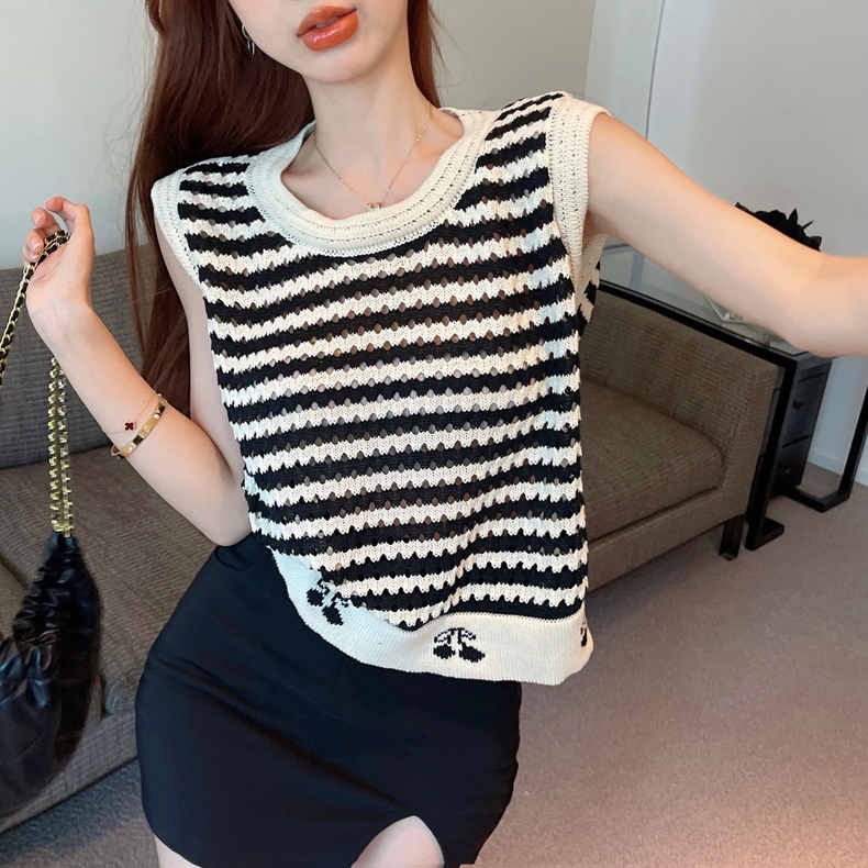 Áo thun ZHELIHANGFEI dệt kim không tay họa tiết cherry kẻ sọc thời trang xinh xắn