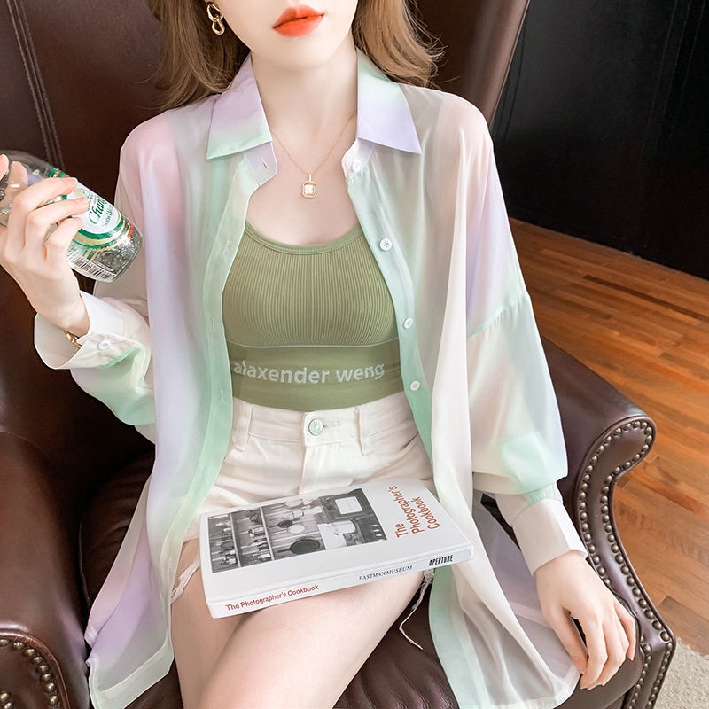 Áo Sơ Mi Dài Tay Kẻ Sọc Cầu Vồng 178596 Áo Khoác Mỏng Chống Nắng Thiết Kế Cỡ Nhỏ Thời Trang Hàn Quốc Cao Cấp