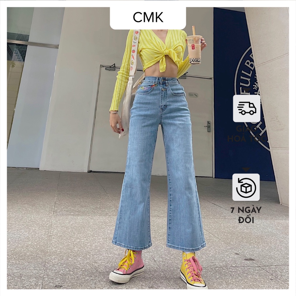 Quần culottes jeans CHICMONKI lưng cao 2 nút xanh nhạt chất liệu co giãn CMJ883