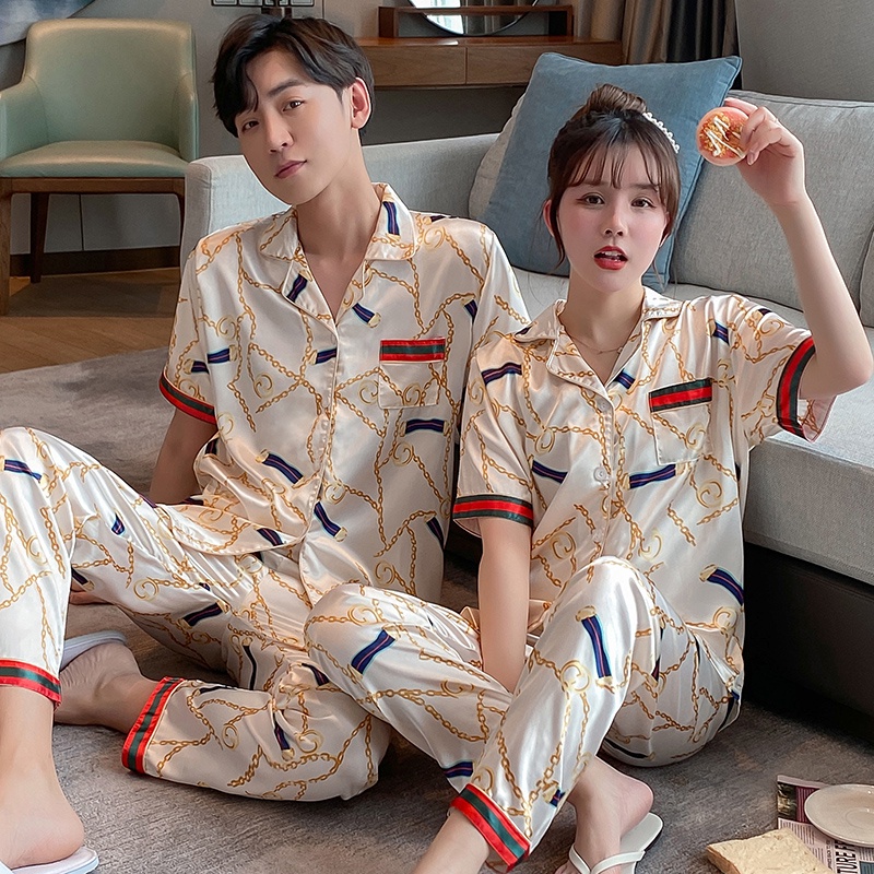 Plus Bộ Đồ Ngủ Tay Ngắn Vải Lụa Satin Thời Trang Cho Nam Và Nữ Size M-5Xl