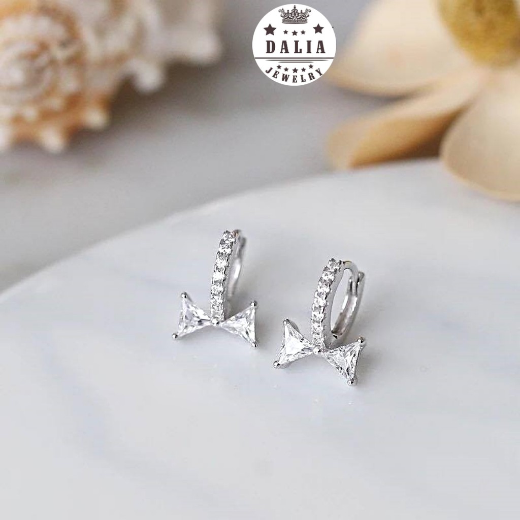 Bông tai bạc nữ nơ thắt đuôi cá DaLiA Jewelry khuyên tai bạc 925 hình nơ thắt nạm đá nữ tính