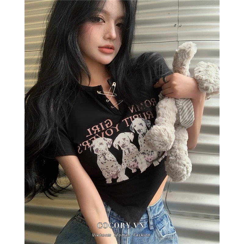 Cocory vn Áo Thun Croptop Tay Ngắn Cổ Chữ V In Họa Tiết Hoạt Hình Thời Trang Quyến Rũ Cho Nữ