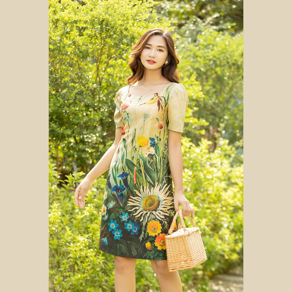 Đầm suông nữ cổ vuông họa tiết hoa 2 lớp Thời Trang Eden cổ tròn tay ngắn chất liệu lụa mềm mát có lót - D443