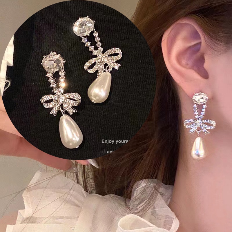 Bông Tai Mạ Bạc 925 Hình Nơ Đính Ngọc Trai Cao Cấp Phong Cách Hàn Quốc