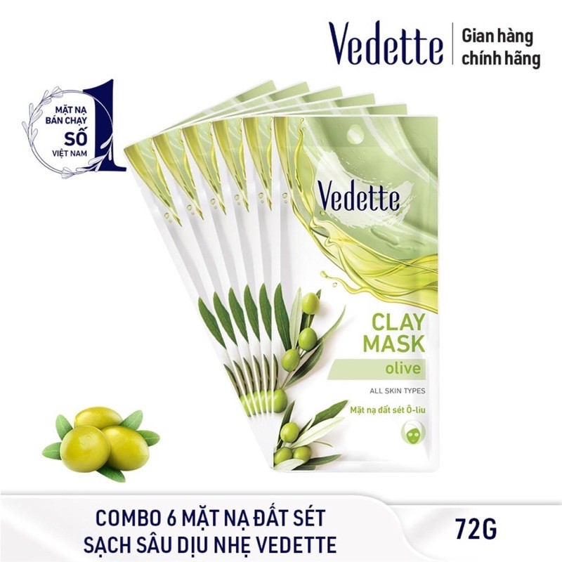 Combo 6 mặt nạ đất sét Vedette Olive 12g thanh lọc giảm căng thẳng nuôi dưỡng da