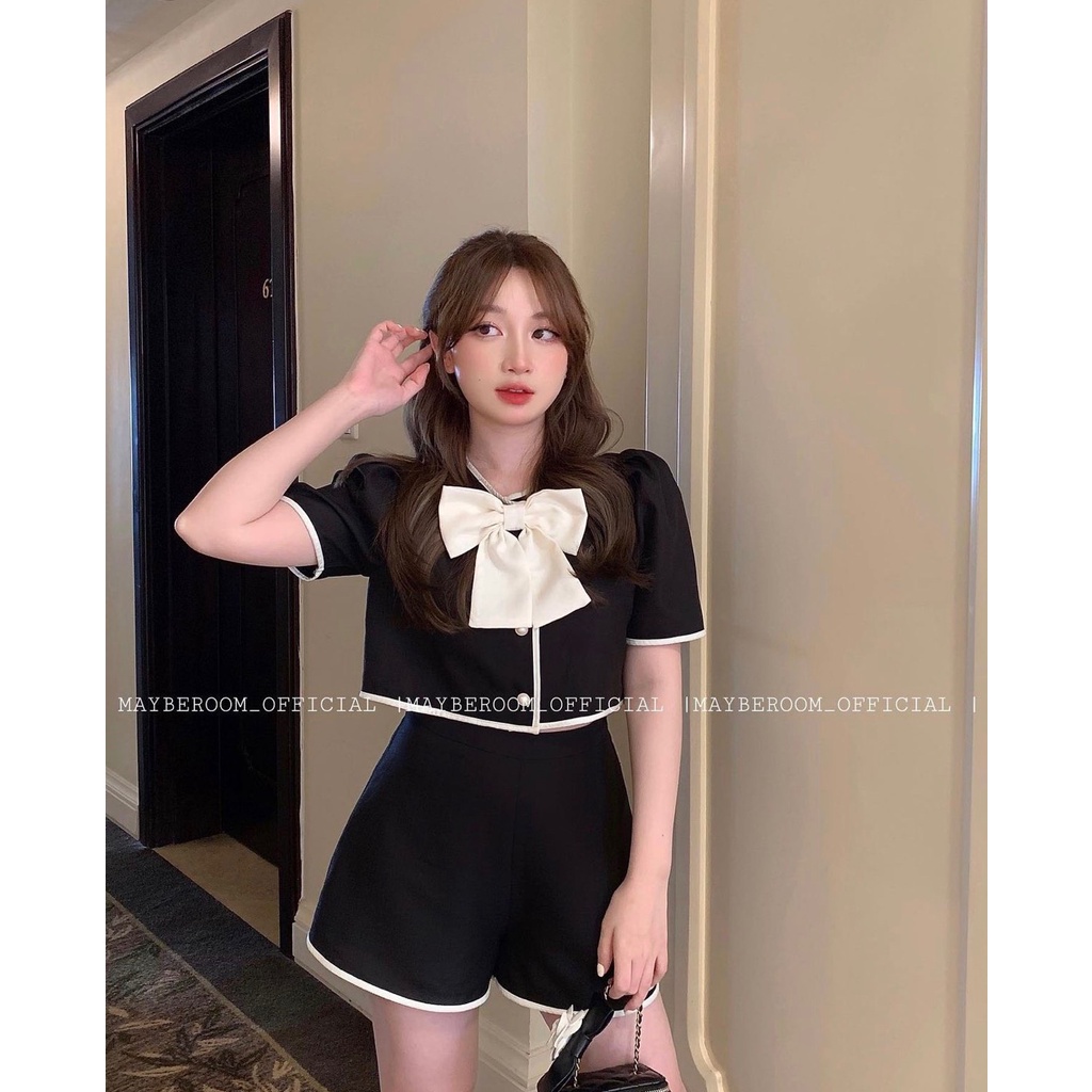 : Set  dạ viền khuy ngọc  sang chảnh tặng kèm nơ cài 2 màu ĐEN/TRẮNG