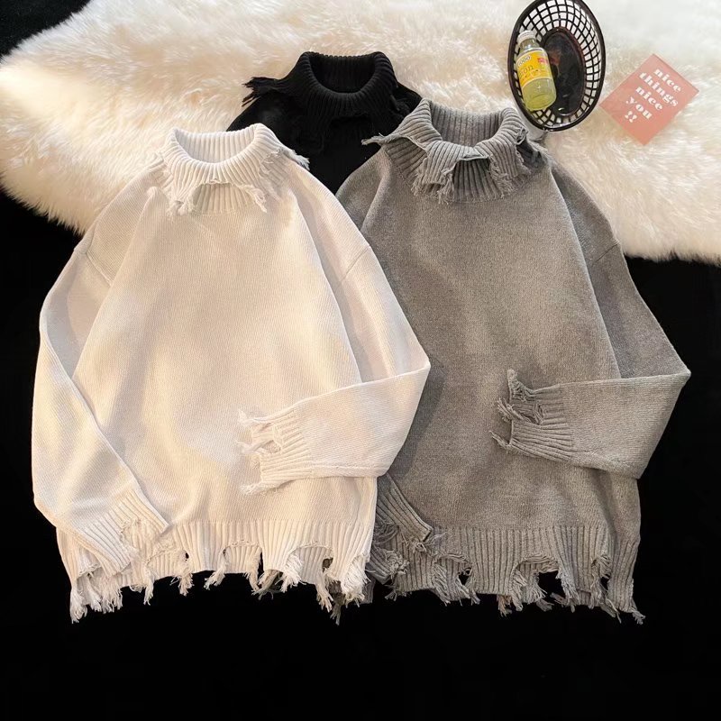 Áo sweater Dệt Kim Tay Dài Dáng Rộng Cổ Tròn Rách Gối Phong Cách Hàn Quốc Thời Trang Cho Nam Và Nữ