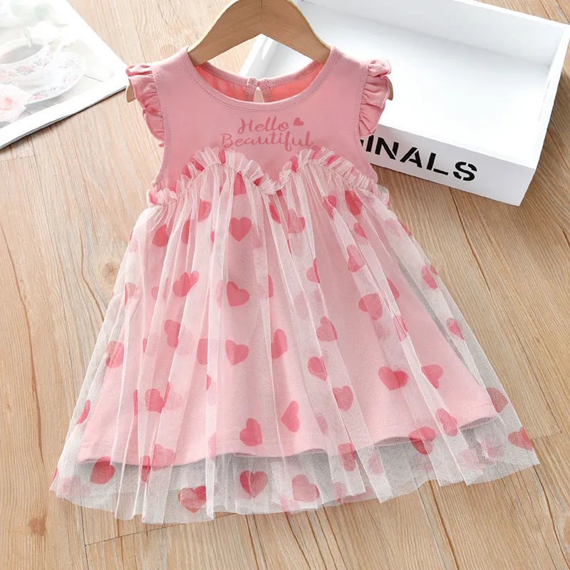 Đầm Công Chúa Tay Ngắn Phối Lưới In Họa Tiết Trái Tim Thời Trang Mùa Hè Mới 2022 Cho