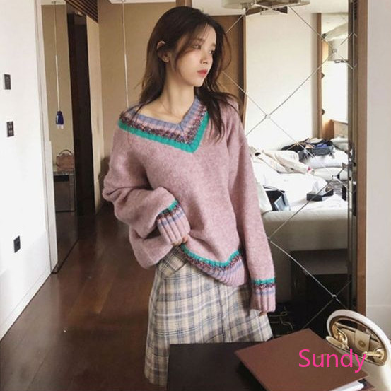 Áo Sweater Dáng Rộng Cổ Chữ V Xinh Xắn Thời Trang Thu Đông Dành Cho Nữ