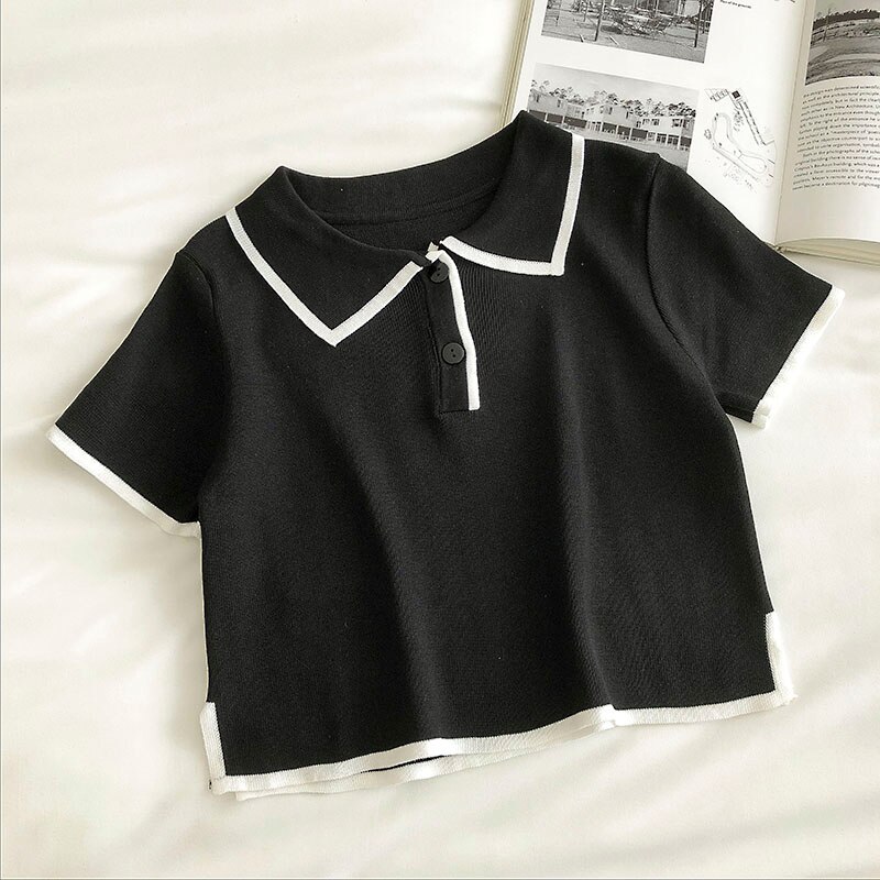 Lapel Knitted Women's T-shirt Korean Version Slim Fashion Short-sleeved Top | BigBuy360 - bigbuy360.vn
