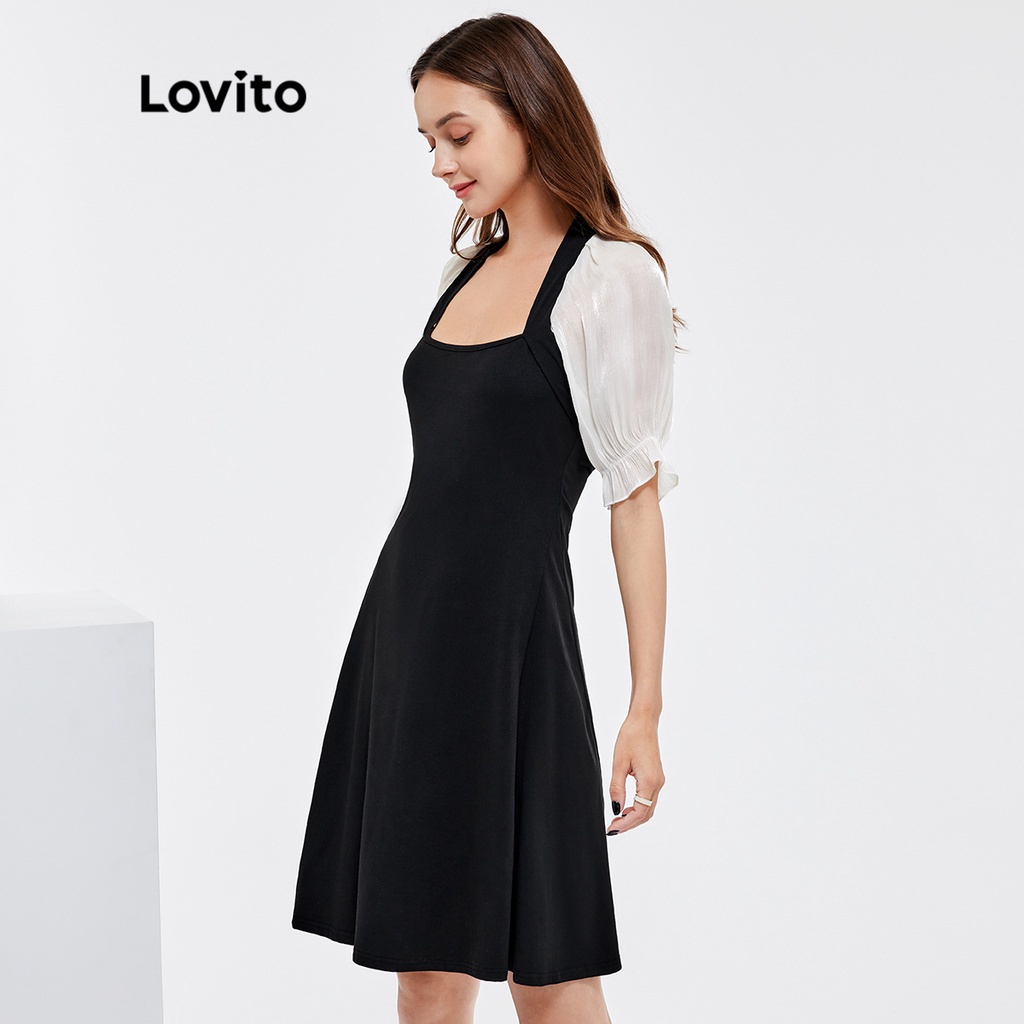 Đầm Lovito cổ vuông tay phồng ghép nối màu trơn phong cách vintage L25AD144 (màu đen)