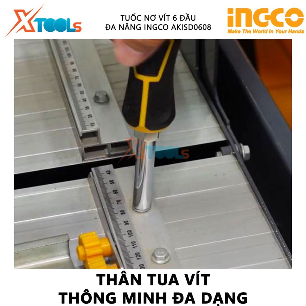 Tuốc nơ vít 6 đầu INGCO AKISD0608 | bộ tua vít 6 đầu bít phổ thông SL5, SL6, PH1, PH2, 6mm, 8mm, thân tua vít thông minh