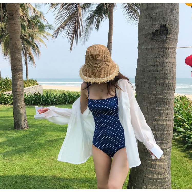 Bộ đồ bơi Bikini 1 mảnh 2 dây dành cho bạn gái đi biển xanh than chấm bi mã L24