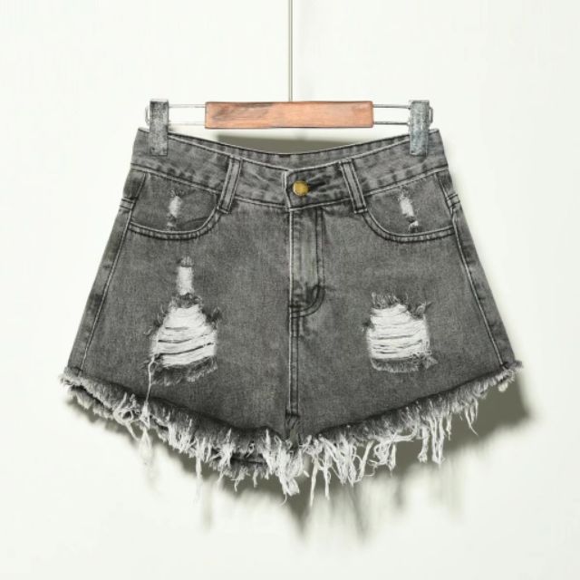 Quần short jean nữ cào xước lỗ không điều râu mèo cạp cao