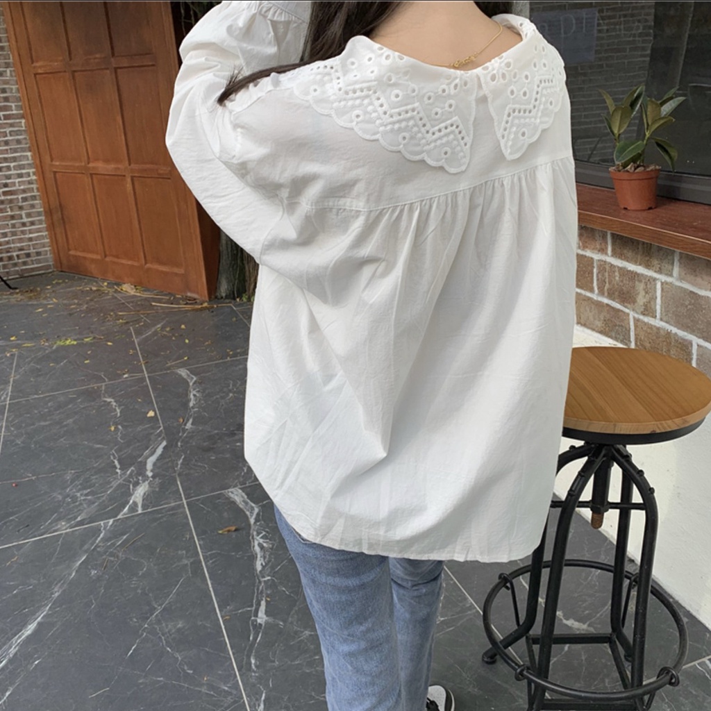 Áo sơ mi kiểu babydoll cổ bèo thêu hoa kẻ ly bên Ulzzang (hàng QC) - Ảnh thật