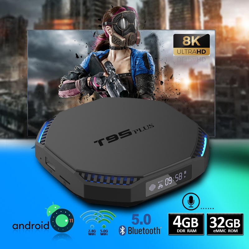 Tivi Box Ram 4GB bộ nhớ 32GB Wifi kép Bluetooth 5.0 android 11.0 mới nhất độ phân giải 8K bảo hành 1 năm T95PLUS tv box