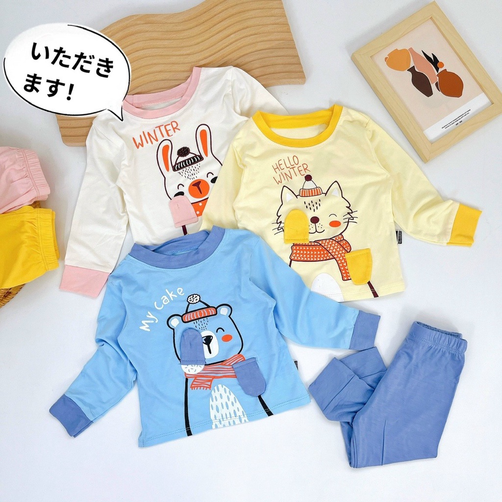 Đồ bộ dài tay Kwo thun lạnh hình ảnh động vật đáng yêu thu đông bé 7 - 17kg
