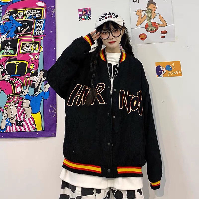 Áo khoác kaki nhung bomber unisex form rộng HIOK bóng chày nam nữ ulzzang Wind