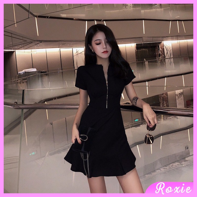 Đầm nữ dáng ngắn xòe ôm body, Đầm đen dự tiệc phong cách ulzzang Hàn Quốc - Roxie