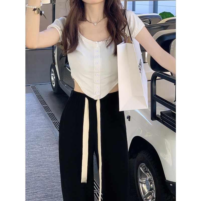 Áo thun tay ngắn / quần dài ống rộng phong cách sành điệu thời trang cho nữ