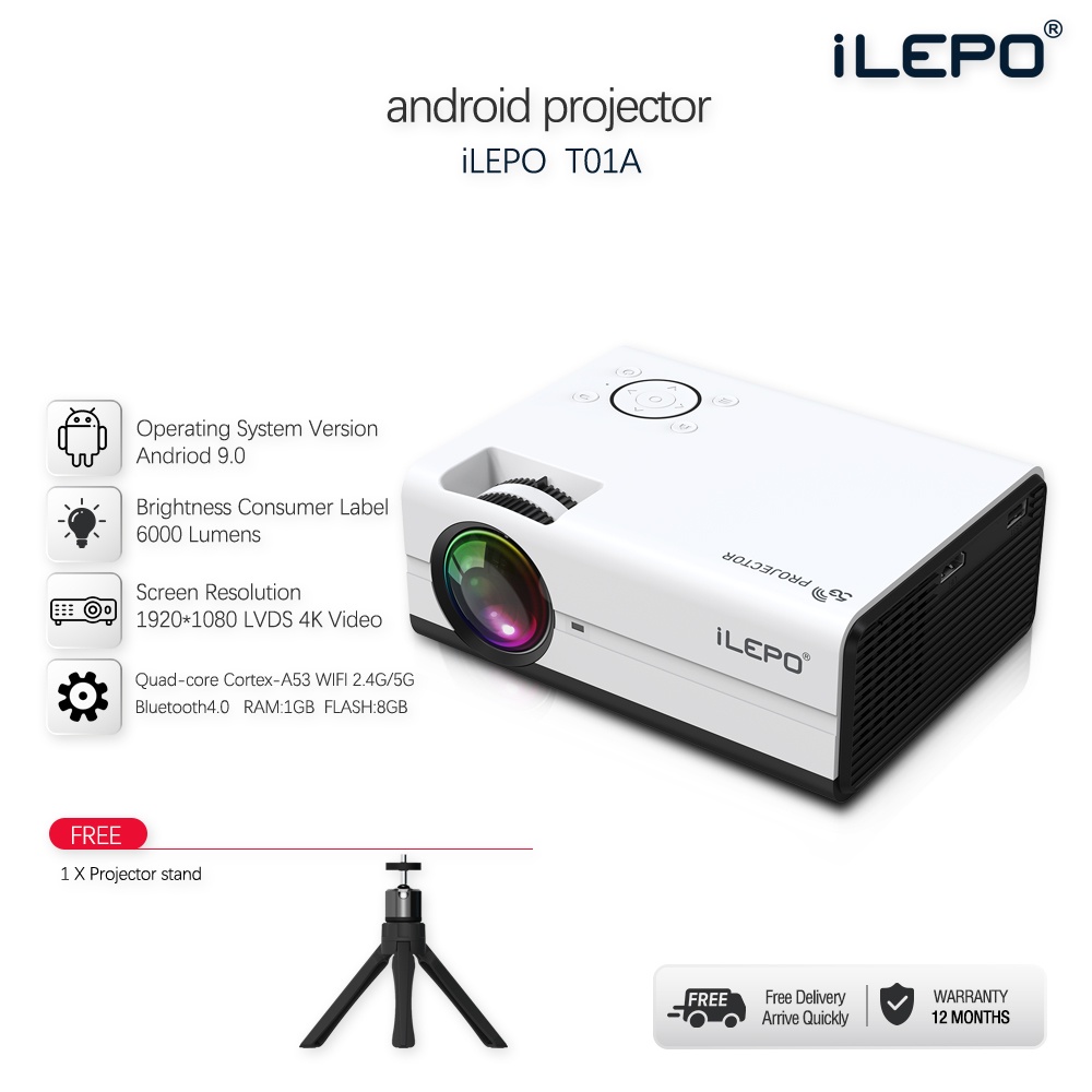 Máy chiếu mini đa chức năng Full HD 1920*1080 độ sáng 3000 lumens xem đến 120 inch cực nét bảo hành 1 năm T01A máy chiếu