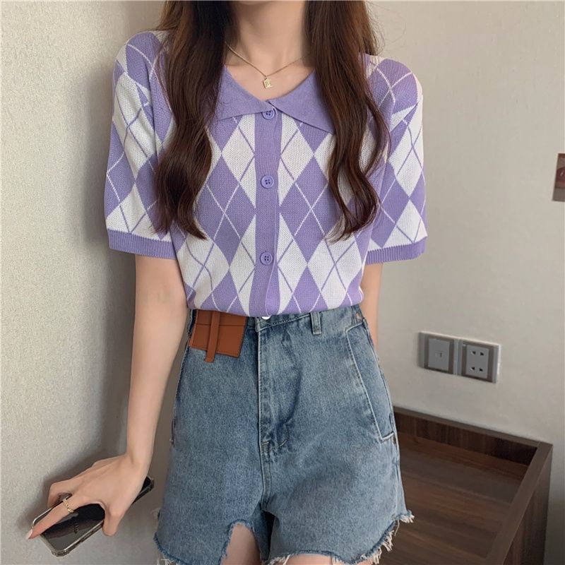 Áo Thun Dệt Kim Tay Ngắn Cổ Bẻ Đính Đá Phong Cách Retro