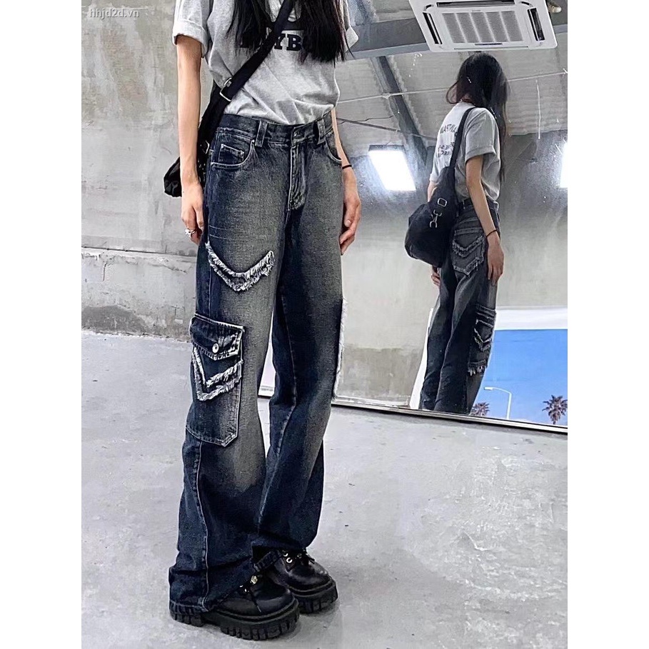 Quần Jean Dài Ống Rộng Phong Cách Retro Đường Phố Mỹ Cá Tính
