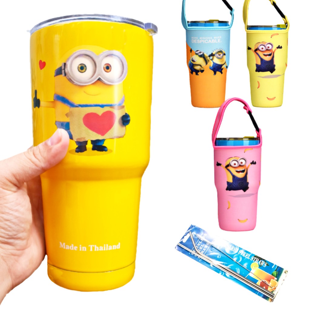 COMBO LY GIỮ NHIỆT 900ML MINION VÀNG TRÙNG TÚI ĐỦ PHỤ KIỆN