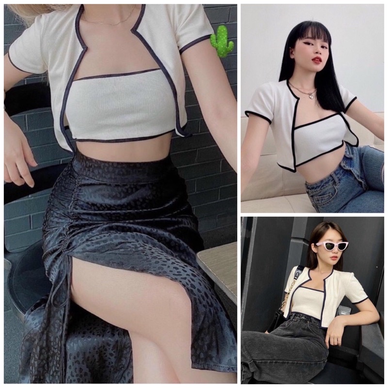 Set áo croptop ống + áo khoác viền chất tăm