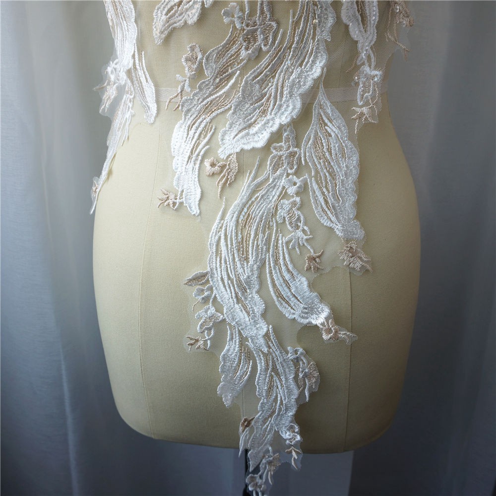 Vải Ren Thêu Hoa Đính Kim Sa Cỡ Lớn Màu Sâm Panh Dùng May Váy Cưới diy