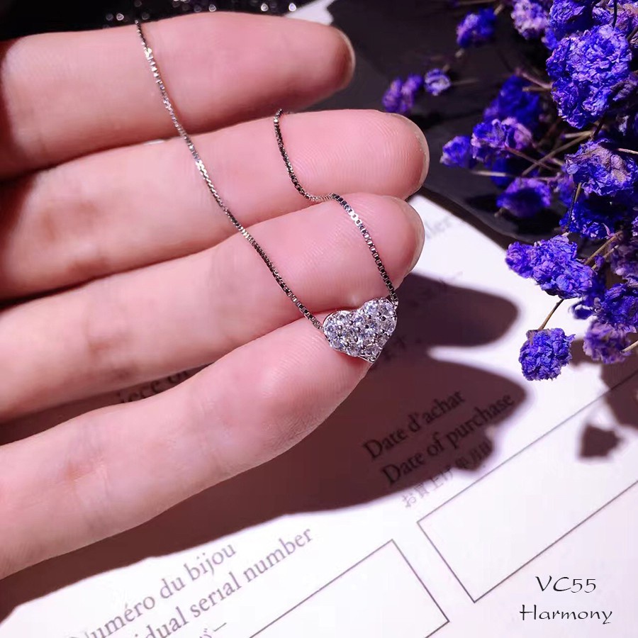 Dây chuyền bạc nữ mặt trái tim đính đá nhỏ nhắn màu xi bạch kim sang trọng Krytal Heart | HARMONY ACCESSORIES VC55