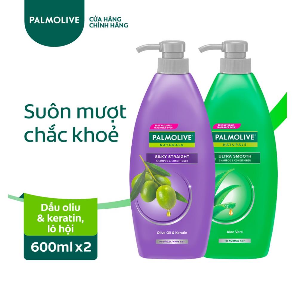 Bộ 2 dầu gội Palmolive 600ml Nha đam và Keratin kết hợp quả ô liu 600ml suôn mượt óng ả