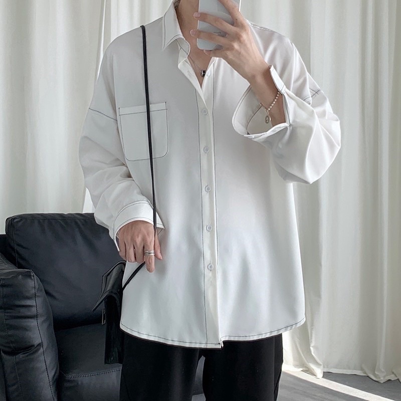 Sơmi Lụa tay dài CHỈ NỔI màu ĐEN/TRẮNG phong cách Ulzzang  Nam Nữ Uniex Áo Sơ mi form rộng Jaystoree2