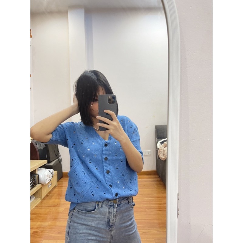 [SẴN-ẢNH THẬT] Áo khoác len cảdigan tay ngắn bo giả xắn tay túi chéo