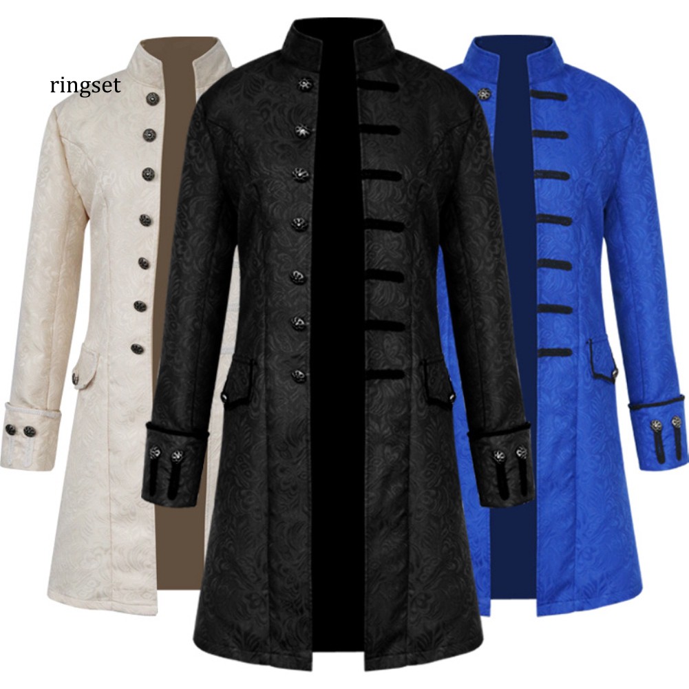 RNSE Autumn Plus Size Punk Men Stand Collar Jacket Button Slim Long Trench Overcoat ①
