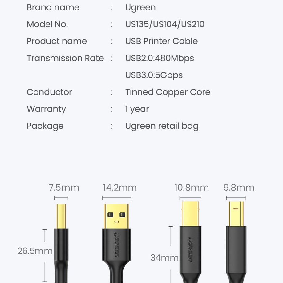 Ugreen Dây Cáp USB 2.0 Loại A Male Sang Type B Male Tốc Độ Cao Cho Máy In Canon Lexmark Epson DAC