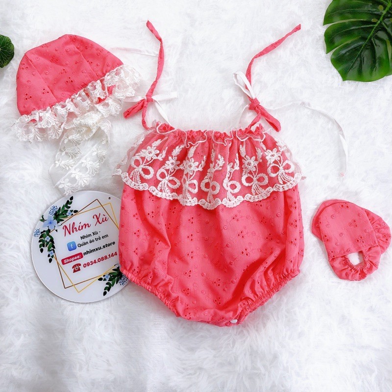 Body Ren Thêu Bé Gái Sơ Sinh - 12kg, Bodysuit 2 Dây Bé Gái