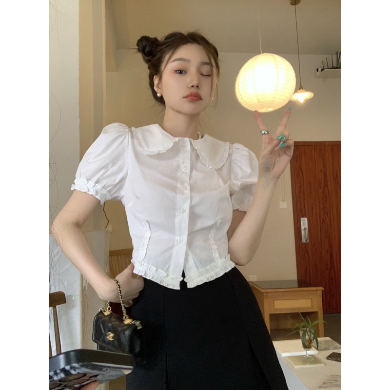 Áo Sơ Mi Tay Ngắn Phồng Cổ Búp Bê Thời Trang Mùa Hè Phong Cách Mới Dành Cho Bạn Nữ