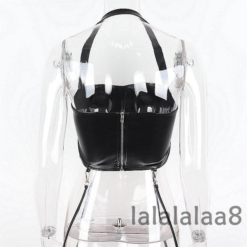 LAA8-Women Halter Neck Solid Color Sleeveless Slim Fit Zipper Back Buckle Straps Casual Tank Top