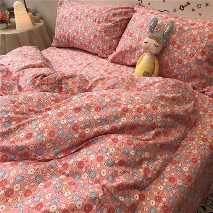 Bộ chăn ga gối drap giường chất cotton poly họa tiết hoa nhí hồng