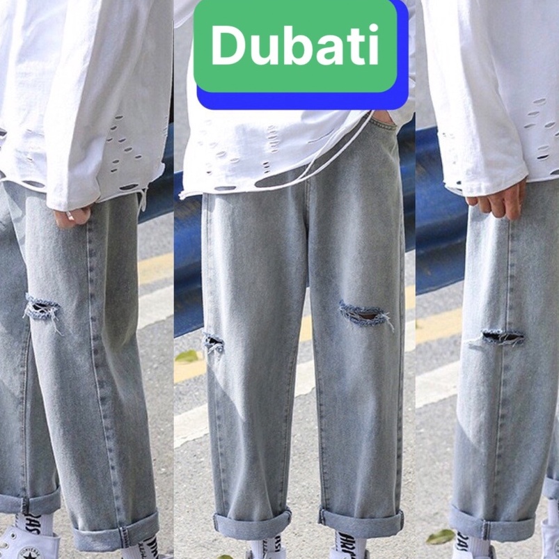 QUẦN BAGGY JEAN NAM WASH RÁCH GỐI LẠ CHẤT BO XANH ỐNG RỘNG- DB 1013- DUBATI FASHION