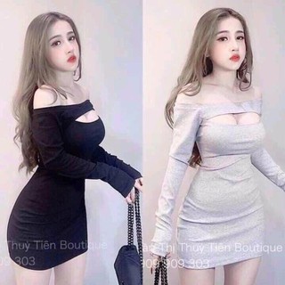 Váy đầm nữ body kiểu trễ vai tay dài khoét ngực chất Cotton co dãn ôm body khoe dáng gợi cảm phù hợp đi tiệc đi chơi
