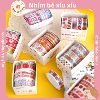 Hộp 3-5 cuộn washi tape hoạt hình họa tiết hoa nhí/hoa quả/caro/gấu thỏ cute VT71
