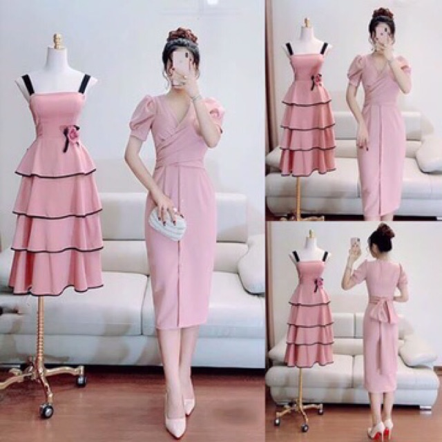 Đầm body nút hồng đắp chéo ngực cột nơ lưng đi tiệc sang đẹp