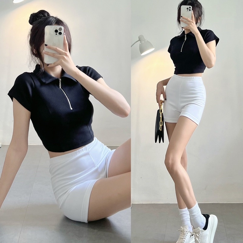 Áo Thun Croptop Polo Phối Khoá Kéo Tay Ngắn Siêu Chất